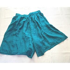 Jordan Vintage 100% Silk Shorts Teal Blue Green Pleated Elastic Waist Womens 14